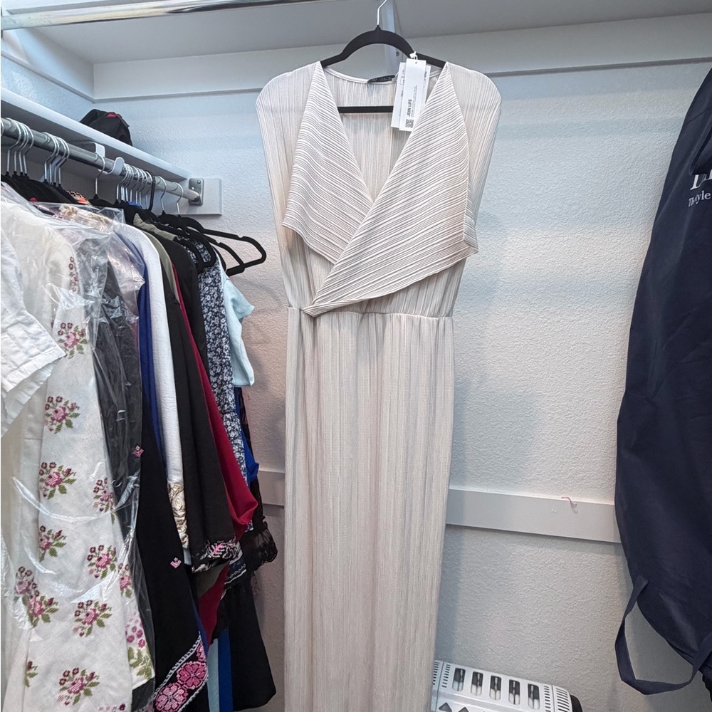 Zara Cream Maxi Dress with Pleated Design